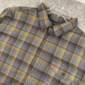 Swiss Tech Long Sleeve Button Front Shirt Gray Gold Brown Plaid Size 2XL EUC 532